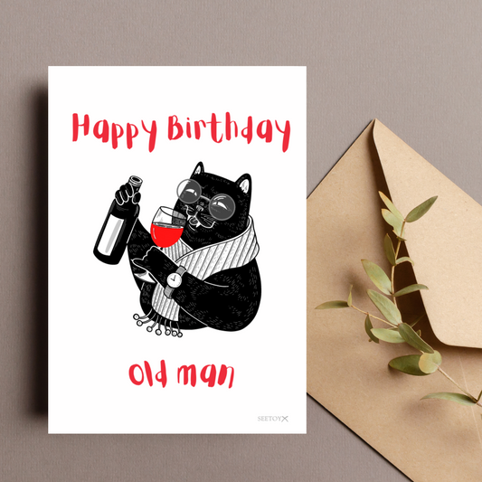 Image of our magnetic birthday card for fathers, husband, boyfriend, grandad. The card shows an elegant cat design sipping wine and saying happy birthday.